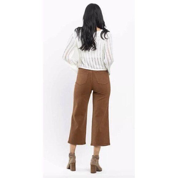 Judy Blue High Waisted Control Top Wide Cropped Jeans Camel - Picture 3 of 7